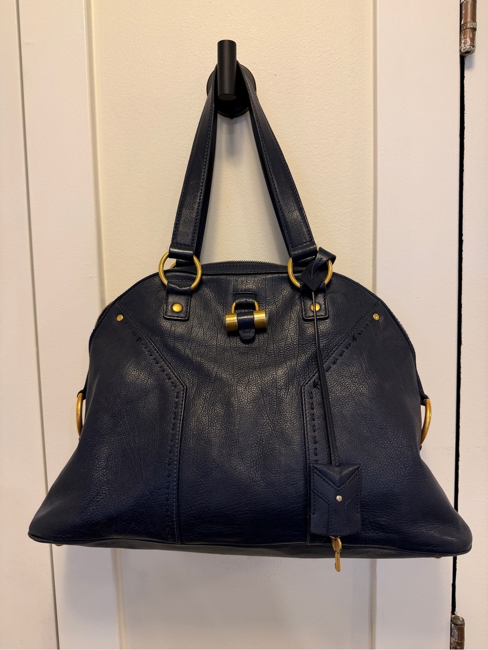 Yves Saint Laurent Navy Leather Shoulder Bag with Gold Hardware